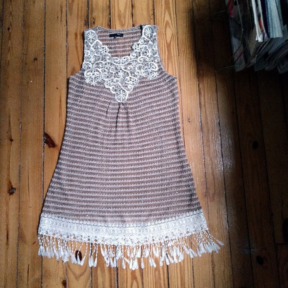 RYU :  Brown Striped Crochet Lace & Fringe Sparkly Stretchy Semi Sheer Dress SzM